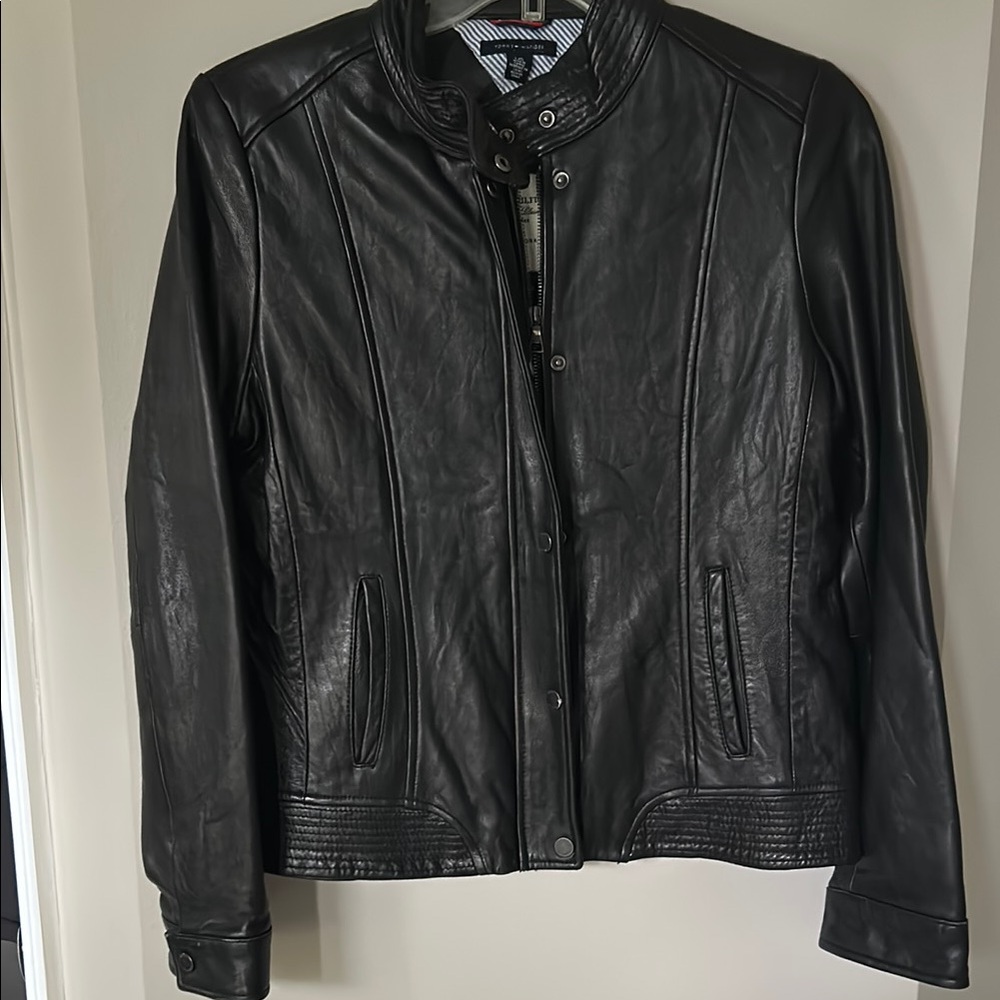 Tommy Hilfiger Black Leather Jacket Stand-up Collar